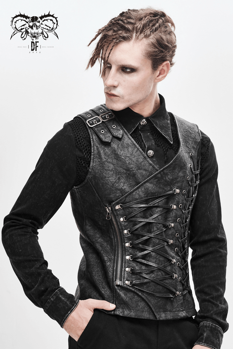 Stylish Asymmetric Waistcoat with Lacings / Men's Pu Leather Vest with Zip and Buckles - HARD'N'HEAVY