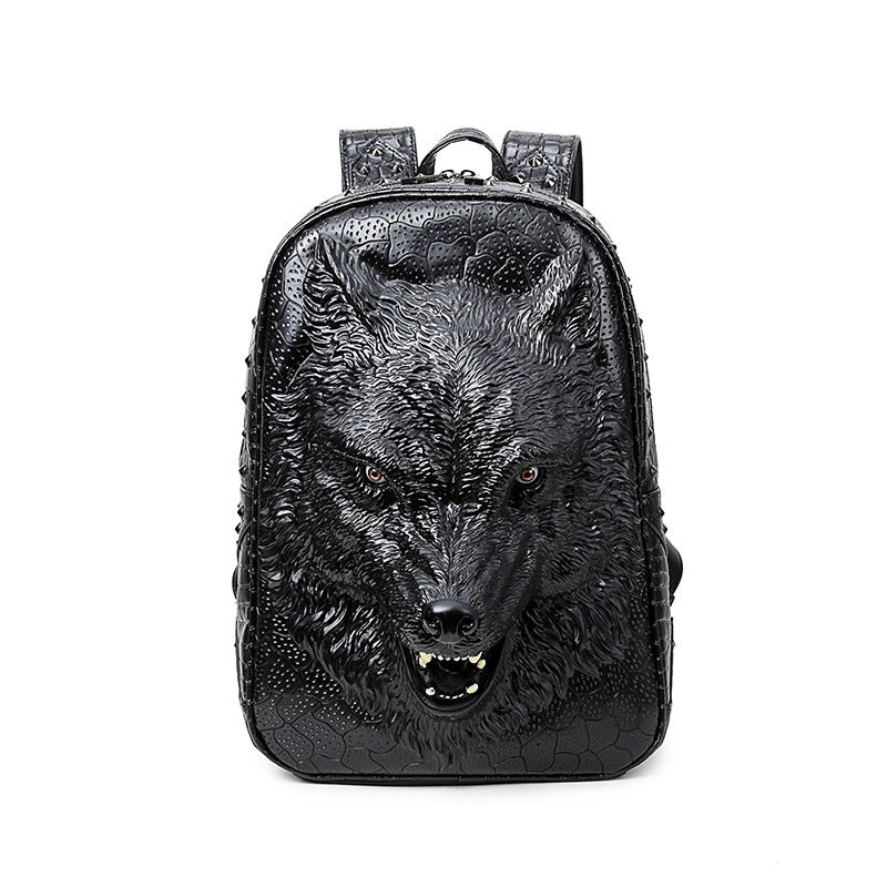 Stylish faux leather backpack with 3D wolf head design, perfect for edgy rock outfits and multifunctional use.