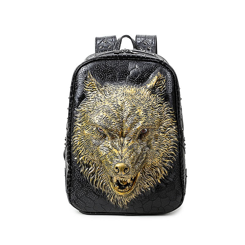 Stylish black faux leather backpack featuring a fierce 3D wolf head design, perfect for a rock-inspired outfit.