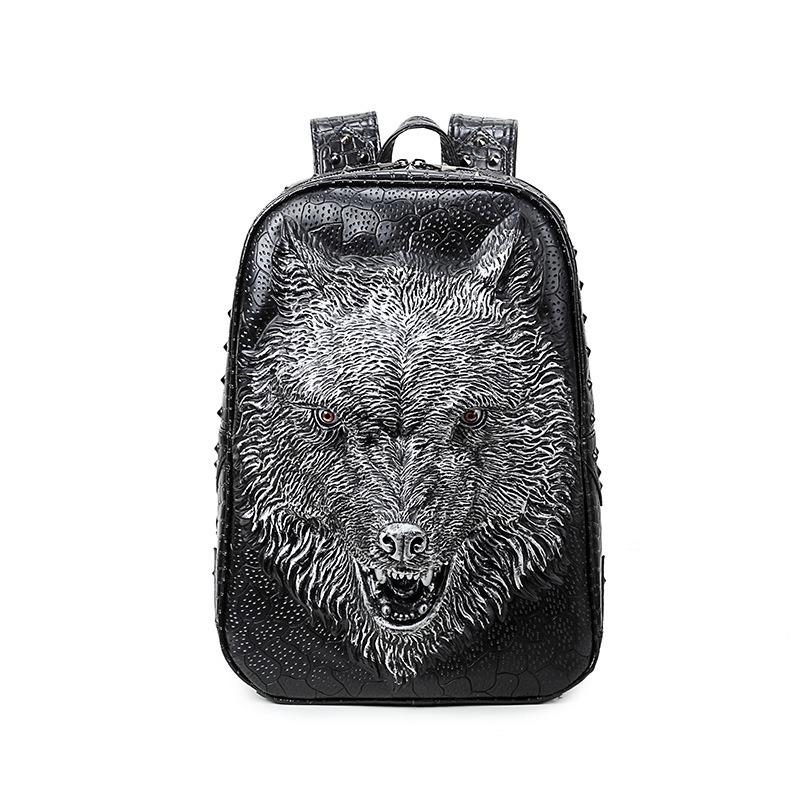 Stylish faux leather backpack featuring a 3D wolf head design, perfect for rock fashion and everyday use.