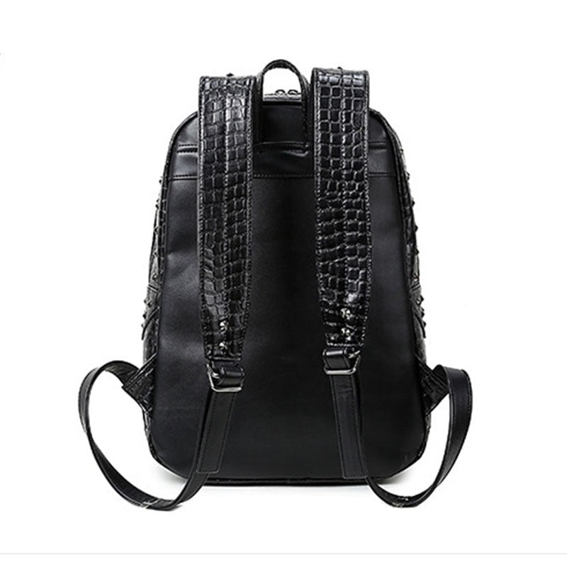 Stylish black faux leather backpack with unique crocodile pattern and adjustable straps.