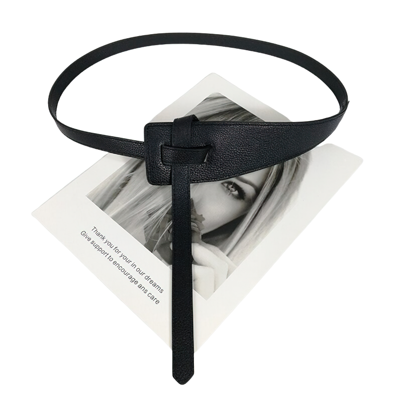 Stylish black soft PU leather belt with knot design on magazine, perfect accessory for women's casual outfits.