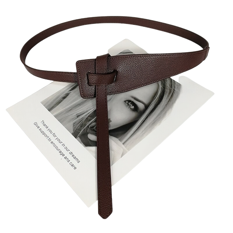 Stylish brown soft PU leather belt for women, perfect for casual outfits and wide coats, displayed with fashion image.