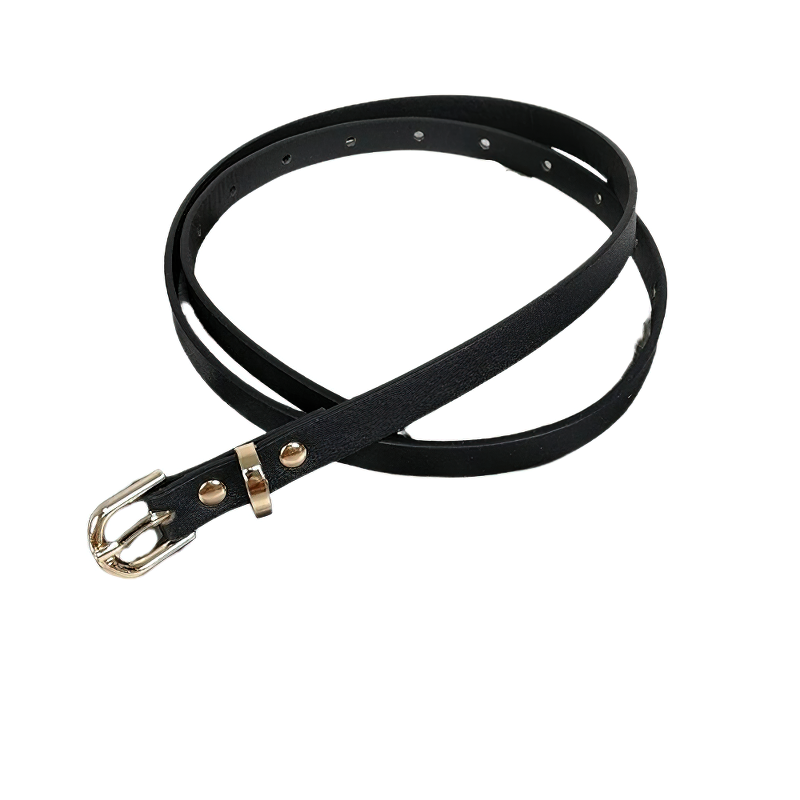 Stylish women's soft PU leather belt in black with golden buckle, perfect for casual outfits and wide coats.