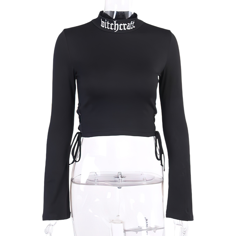 Stylish Black Lace-Up Crop Top for Ladies / Gothic Women Long Sleeve Turtleneck - HARD'N'HEAVY