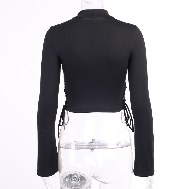 Stylish Black Lace-Up Crop Top for Ladies / Gothic Women Long Sleeve Turtleneck - HARD'N'HEAVY
