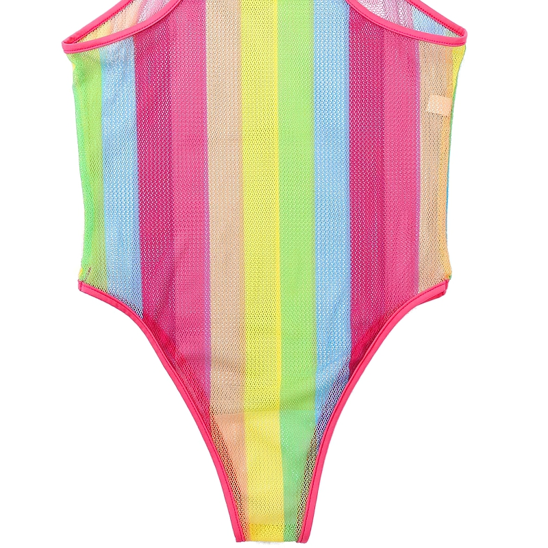 Stylish rainbow-striped bodysuit, sleeveless design, perfect for summer, showcasing a vibrant fishnet pattern.