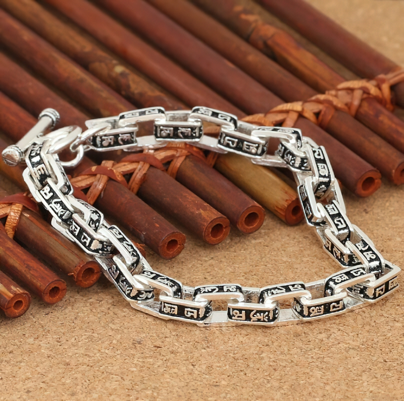 Stylish S925 sterling silver square link bracelet featuring carved mantra design, perfect casual jewelry for men.