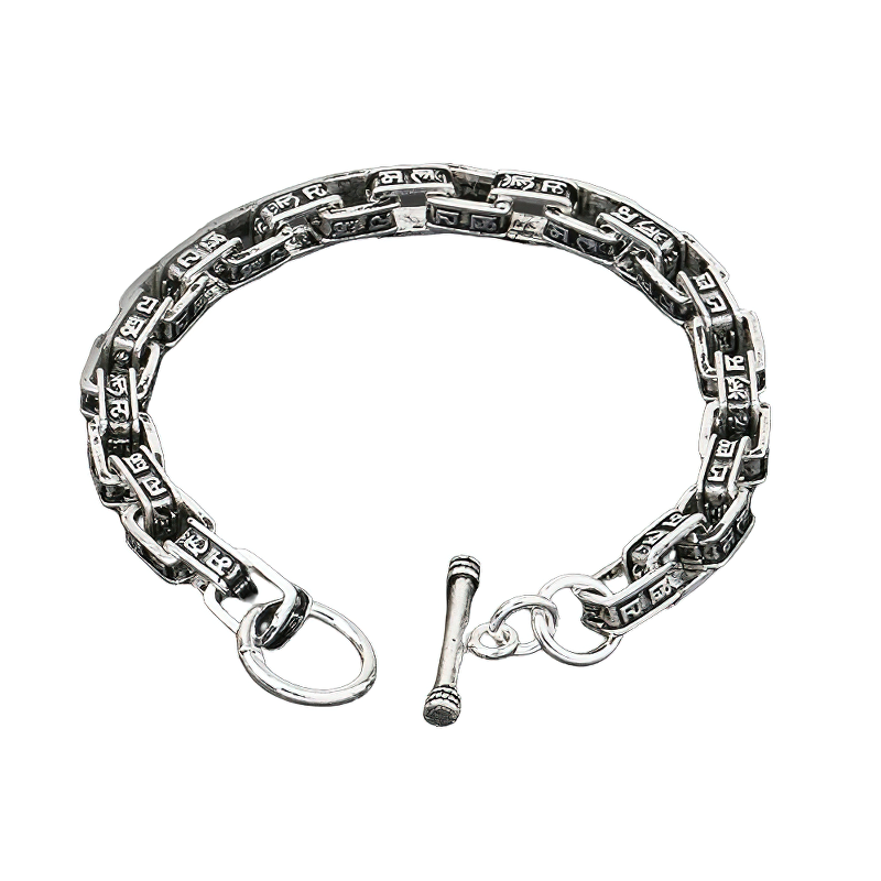 Stylish men's bracelet made of S925 sterling silver with carved mantra square link chain design.