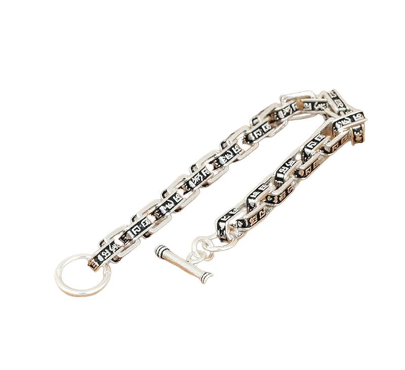 Stylish carved mantra square link chain bracelet for men in S925 sterling silver casual jewelry.