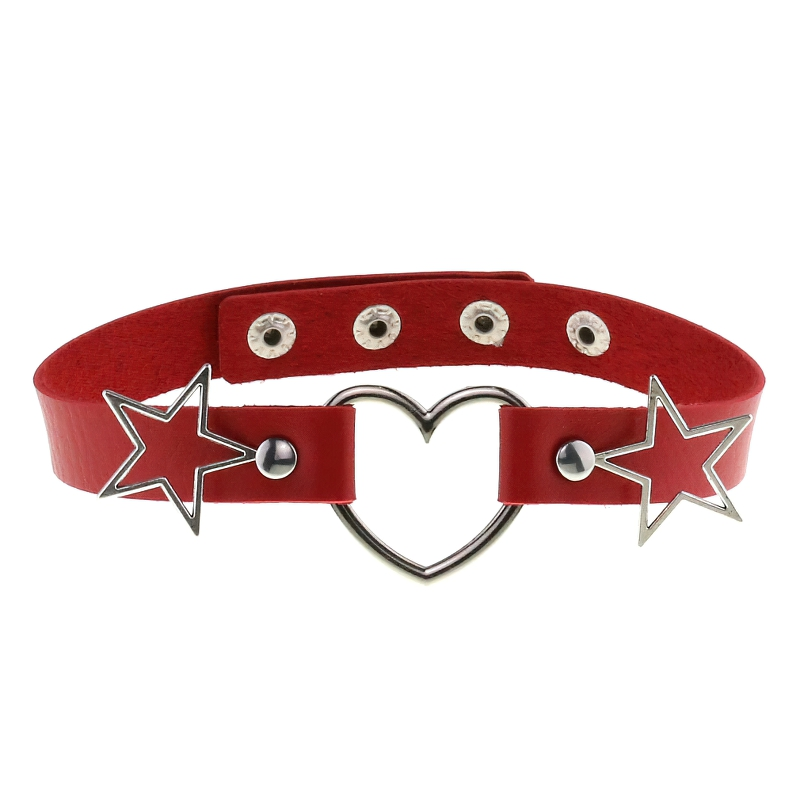 Red PU leather choker with heart pendant and silver star accents for women, perfect gothic accessory.