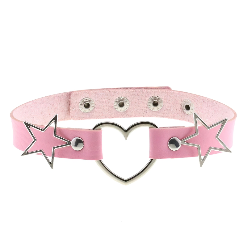 Stylish pink PU leather choker for women featuring heart pendant and silver metal stars, perfect gothic accessory.