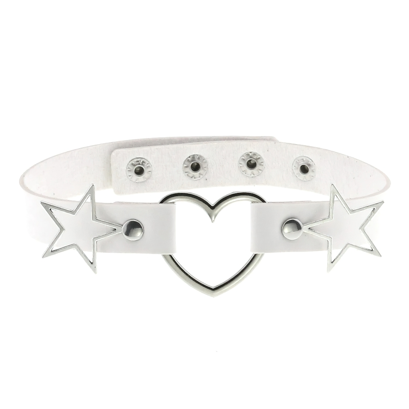 White PU leather choker with silver heart and star accents, perfect gothic accessory for women.