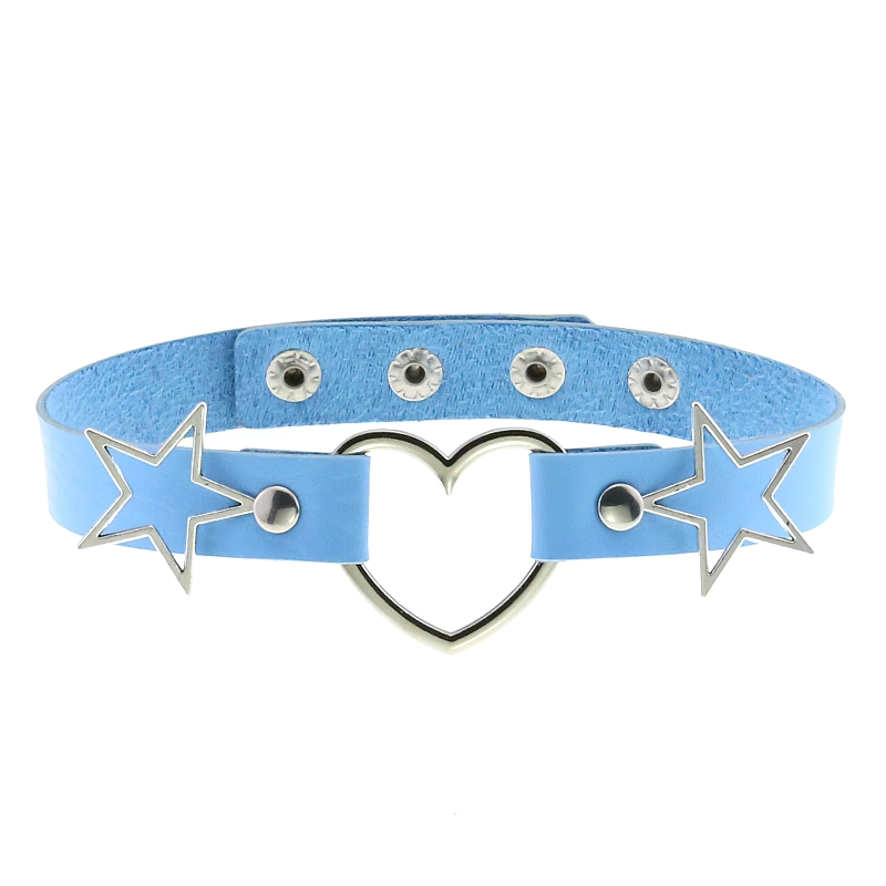 Stylish blue PU leather choker with heart pendant and silver star accents for women, perfect gothic accessory.