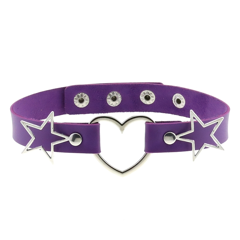 Purple PU leather choker with silver heart pendant and star accents for women, stylish gothic accessory.