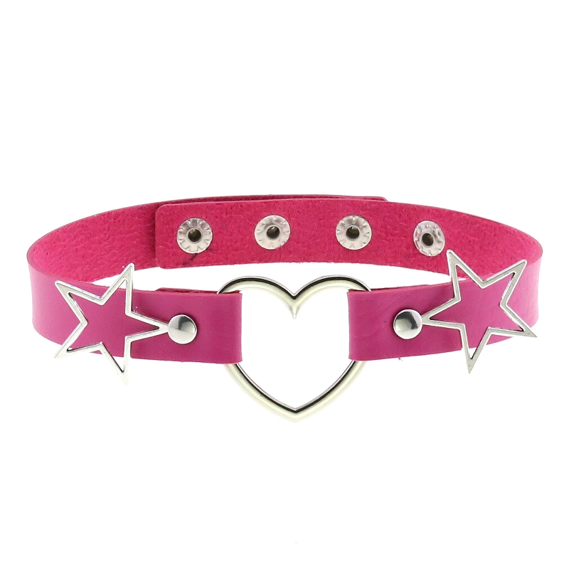 Stylish pink PU leather choker with heart pendant and silver star accents for women, perfect for gothic-inspired outfits.