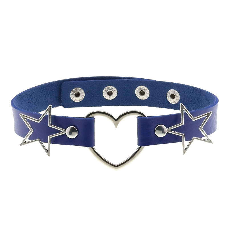 Stylish blue PU leather choker with heart pendant and silver star accents, perfect gothic accessory for women.