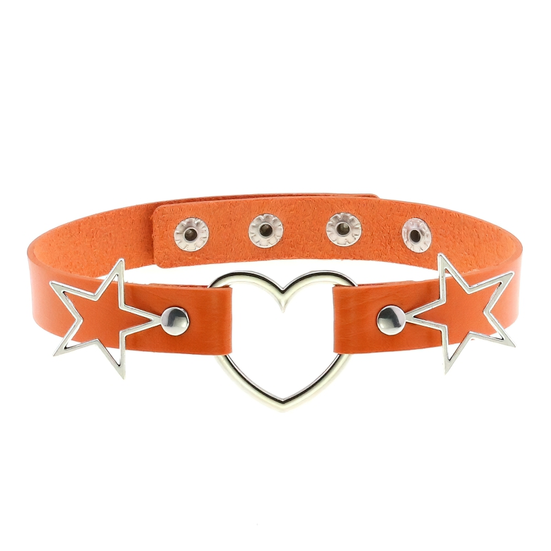 Gothic orange PU leather choker with heart pendant and silver star accents for stylish women.