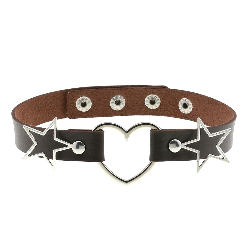 Stylish women's choker in brown PU leather featuring silver heart and star accents, perfect gothic accessory.