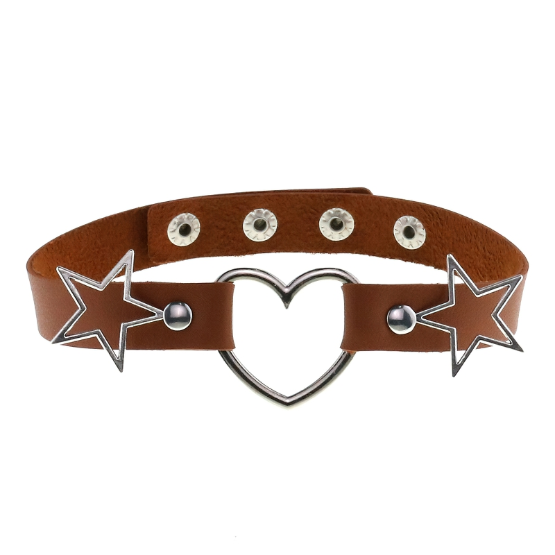 Brown PU leather choker with metal heart and star accents, perfect gothic accessory for women.