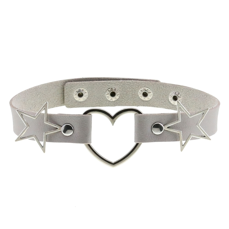 Stylish women's PU leather choker with heart pendant and silver star accents, perfect gothic accessory.