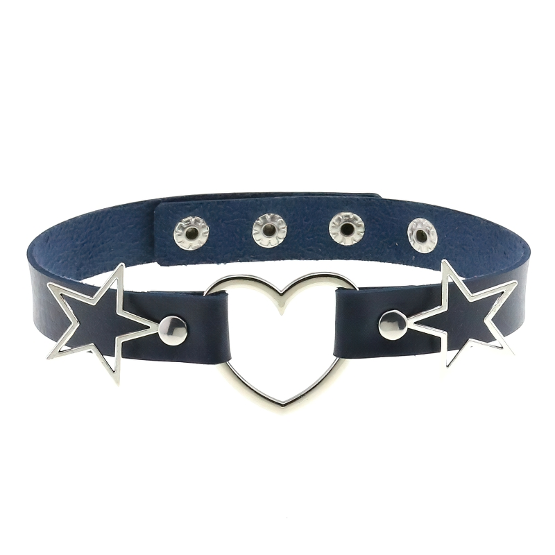 Navy PU leather choker necklace with silver heart and star accents, perfect gothic accessory for women.