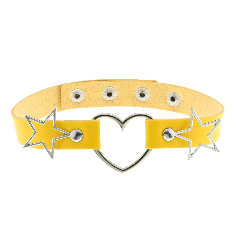 Stylish yellow PU leather choker with silver star accents and heart pendant, perfect for gothic-inspired fashion.
