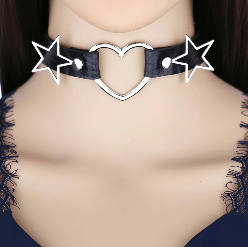 Stylish PU leather choker with heart and star accents, perfect gothic accessory for women.
