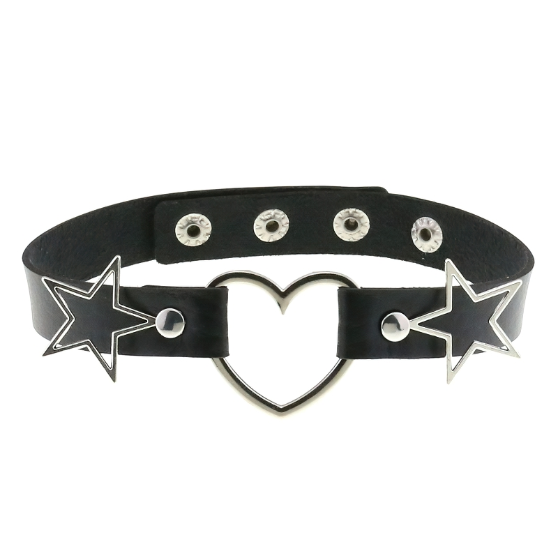 Gothic women's choker made of PU leather with silver heart and star accents, perfect for stylish outfits.