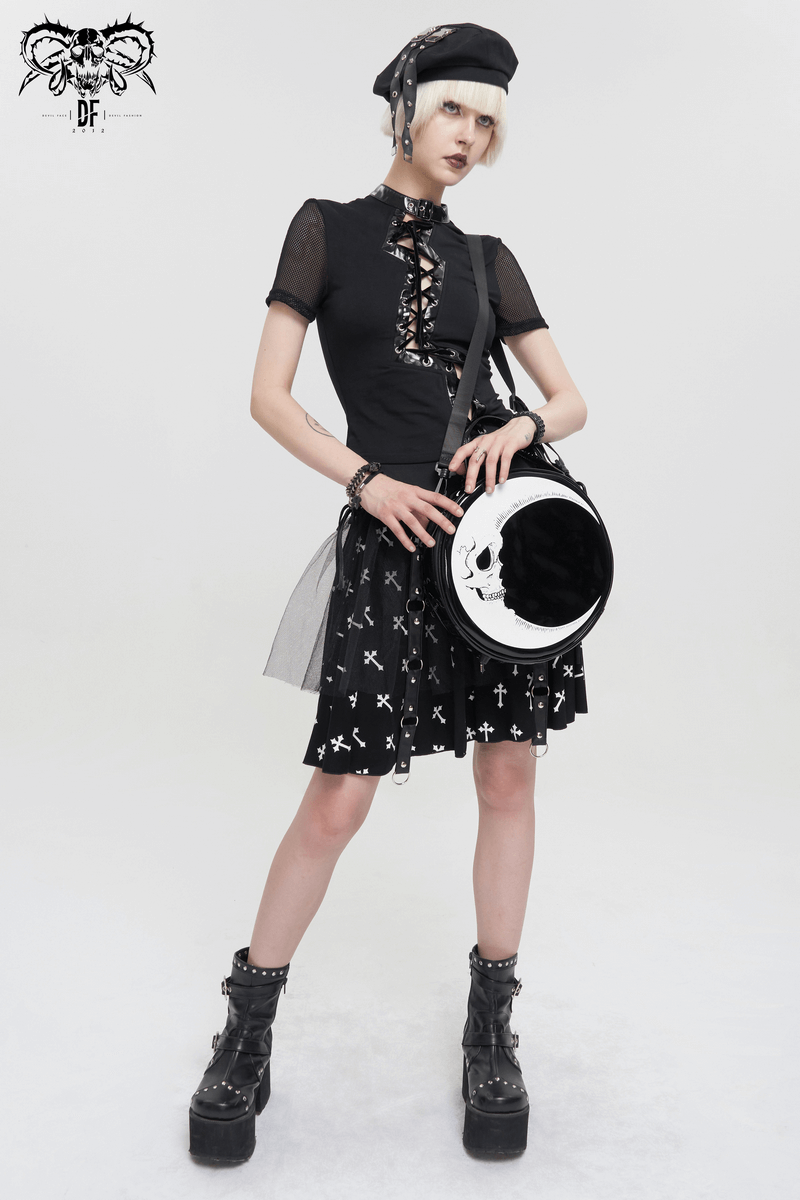 Stylish Crescent Moon Skull Round Handbag / Gothic Style Perfect Accessory for Women