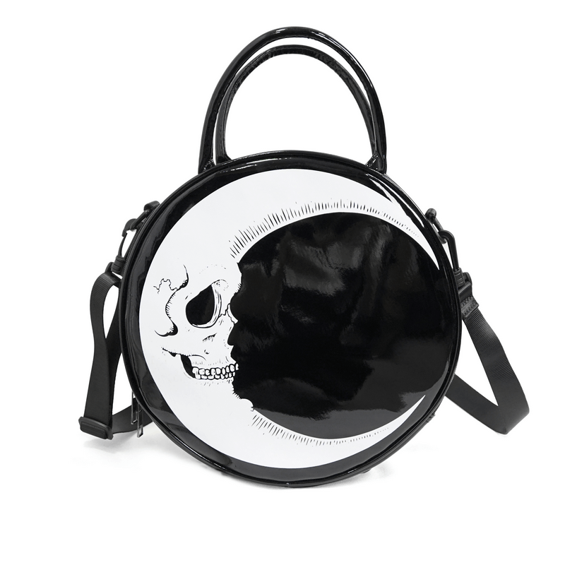 Stylish crescent moon handbag with skull design, perfect gothic accessory for women.