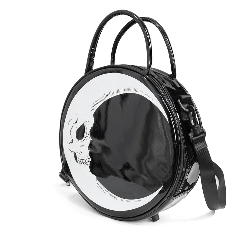 Gothic crescent moon skull handbag for women, stylish round black accessory with unique design.