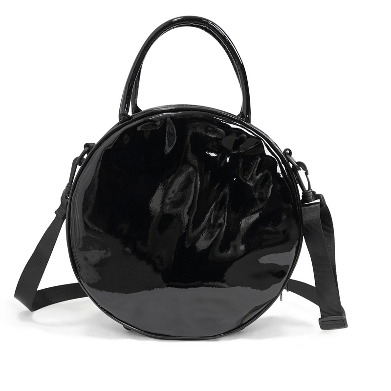 Stylish black round handbag with glossy finish, perfect accessory for gothic and trendy women.