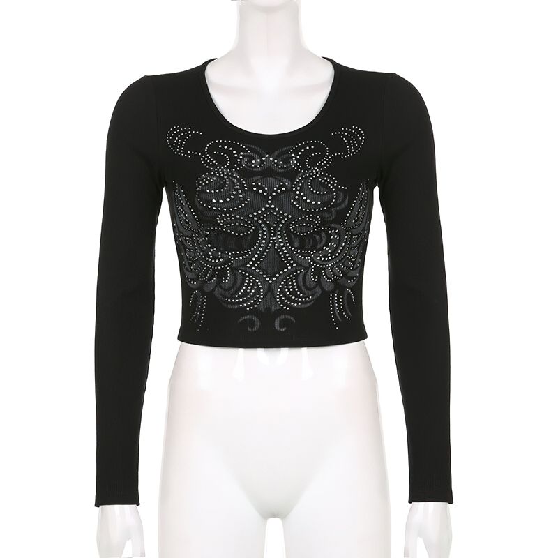 Women's stylish black cropped slim top with long sleeves and decorative print for casual streetwear fashion.