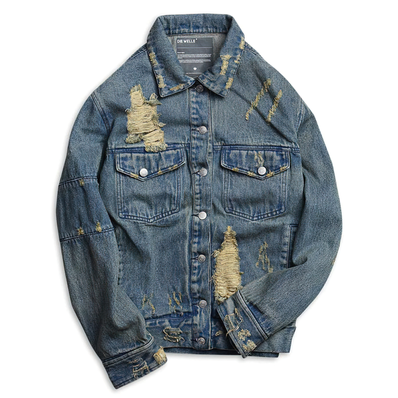 Stylish Denim Vintage Jacket For Men / Casual Clothing With Print - HARD'N'HEAVY