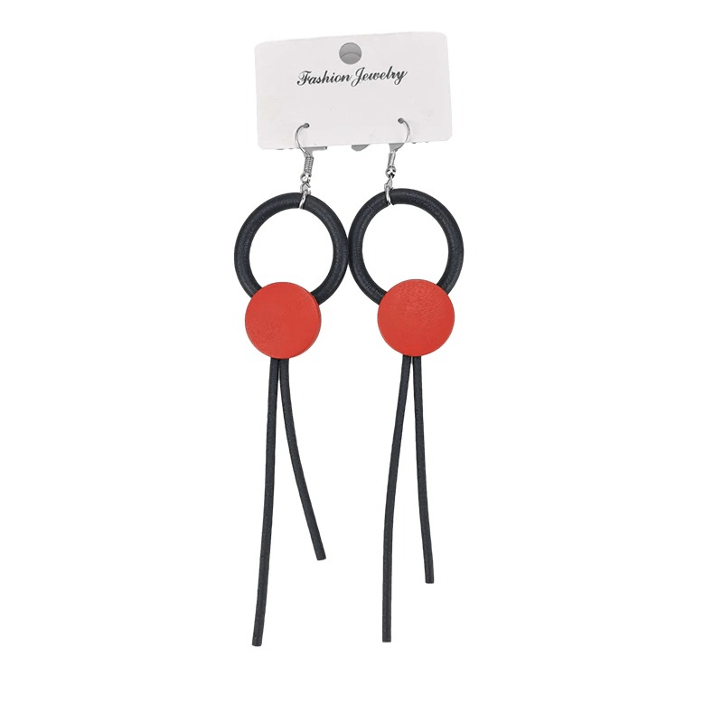 Stylish wood design long earrings for women featuring red accents and gothic vibes, perfect for any edgy outfit.