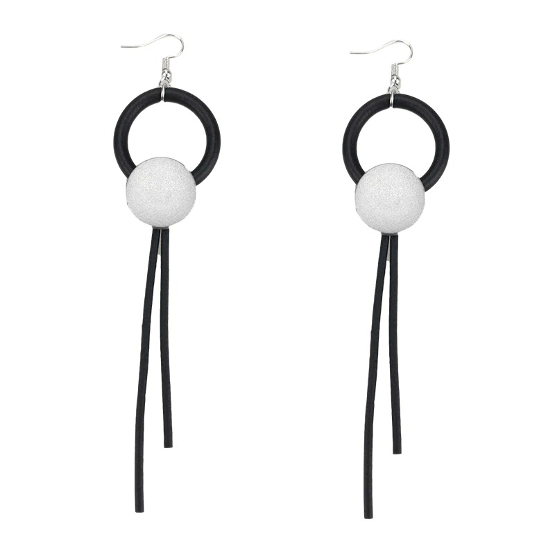 Stylish wood long earrings for women in gothic design, featuring black rubber rings and white ball accents.
