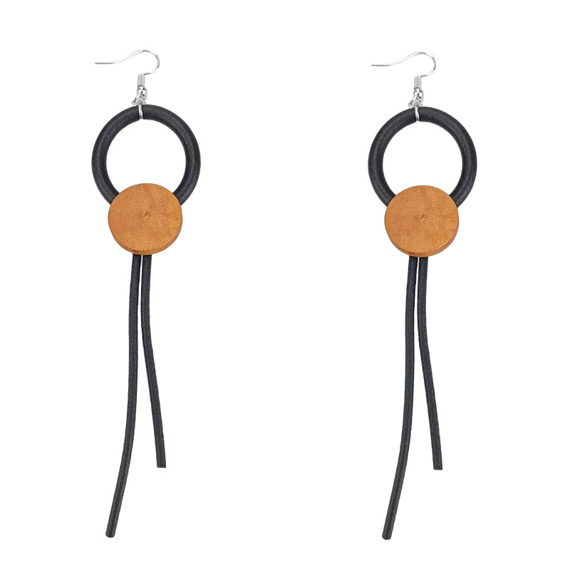 Stylish wood design long earrings for women, gothic accessory featuring black and brown accents.
