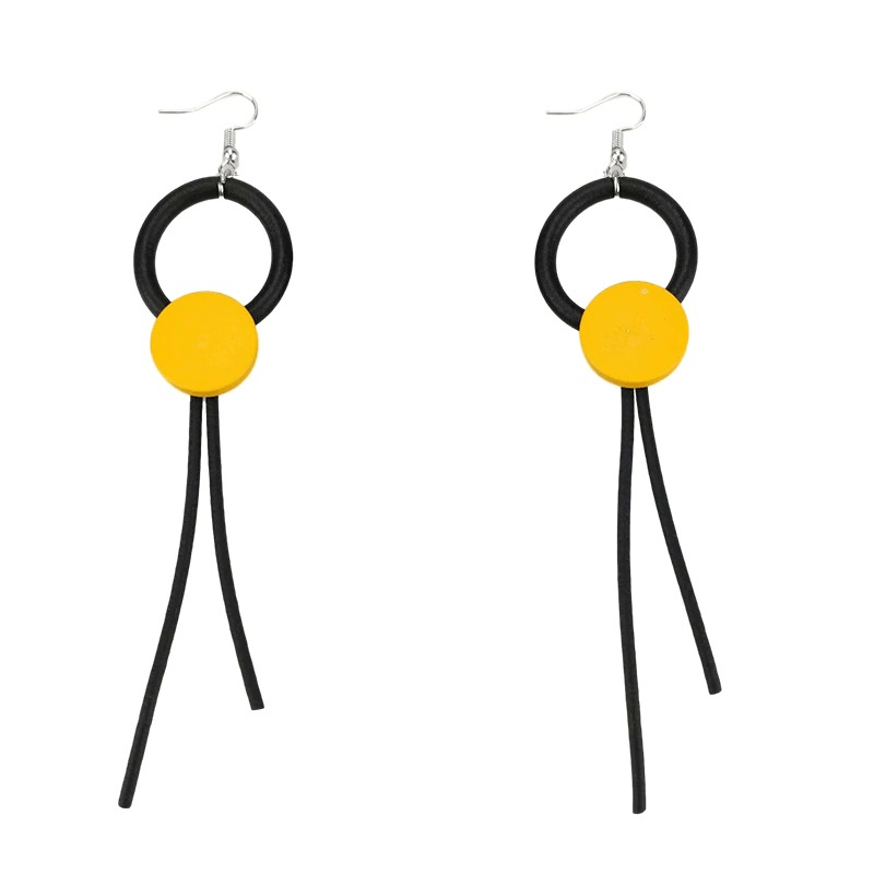 Stylish long wood and rubber earrings for women, featuring yellow and black design, perfect for gothic fashion.