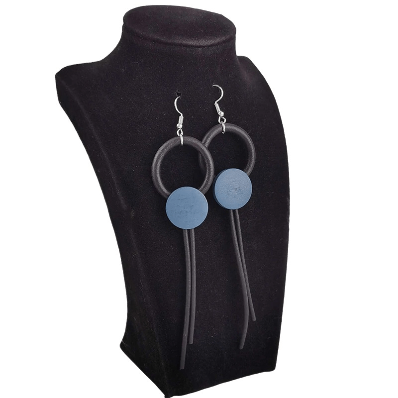 Wood long earrings for women with blue accents, perfect for a goth-inspired wardrobe.