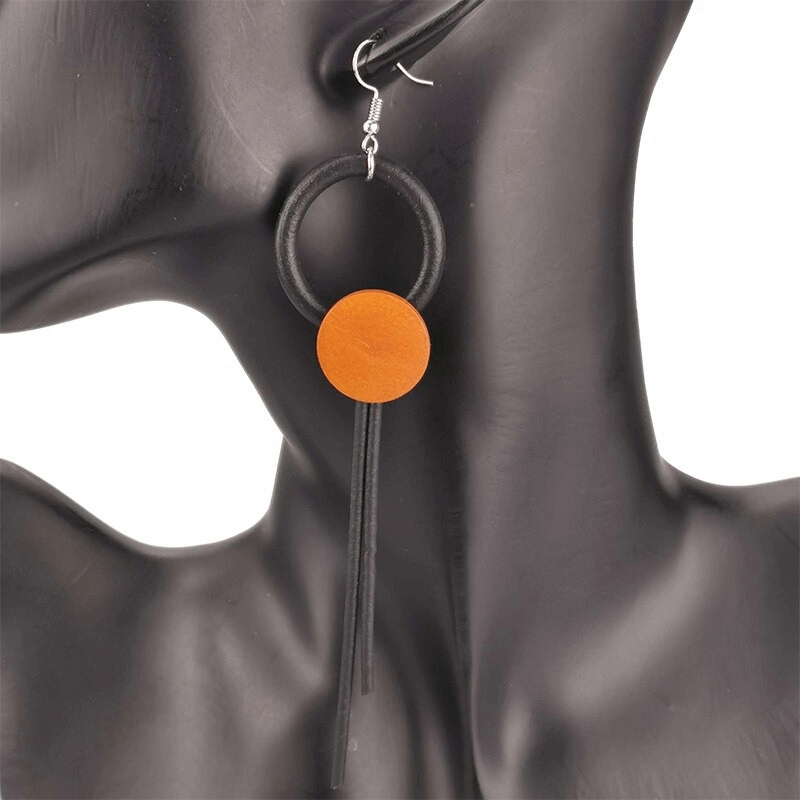 Stylish wood long earrings for women featuring a gothic design with an orange accent and sleek black elements.