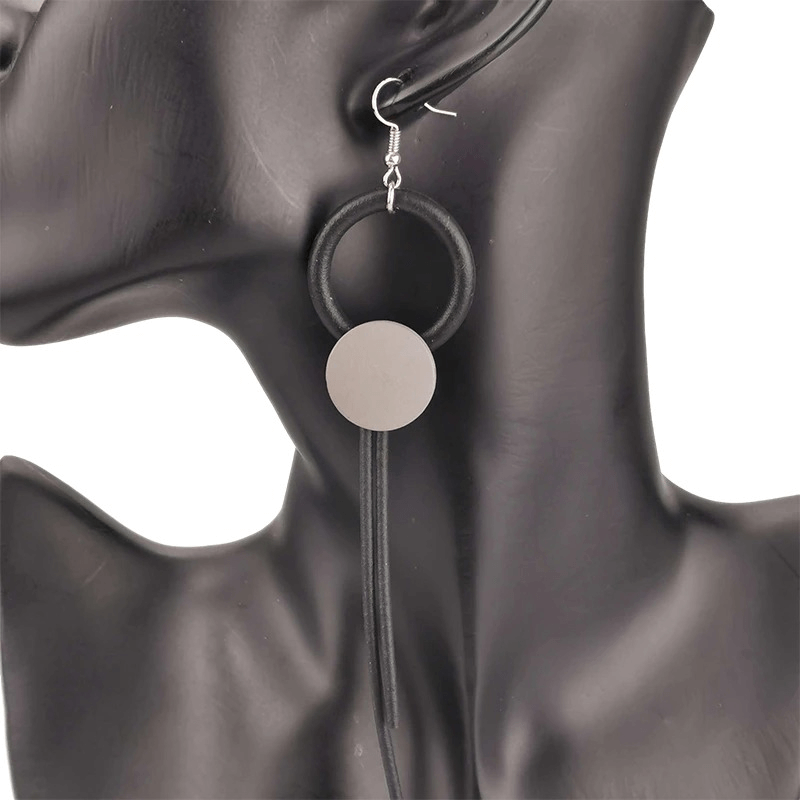 Stylish wood long earrings for women, featuring a gothic design and sleek circular accents, perfect for any wardrobe.