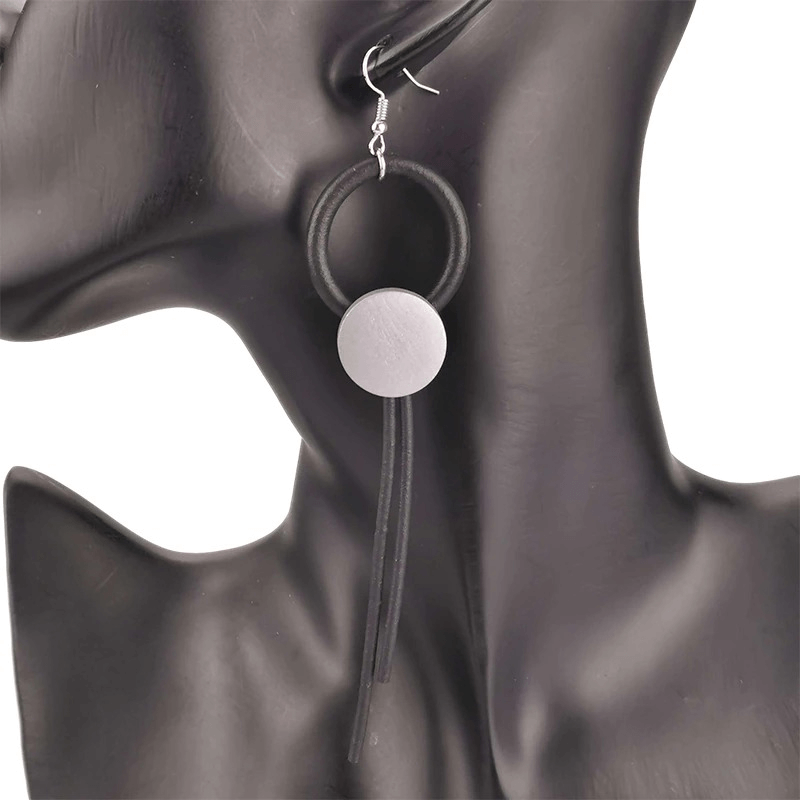 Stylish wood long earrings for women, featuring gothic design with rubber accents and a chic circular silver element.