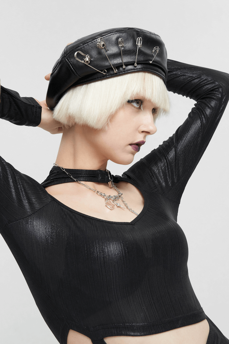 Stylish faux leather beret hat with pins, perfect punk accessory for women, enhancing edgy fashion vibes.