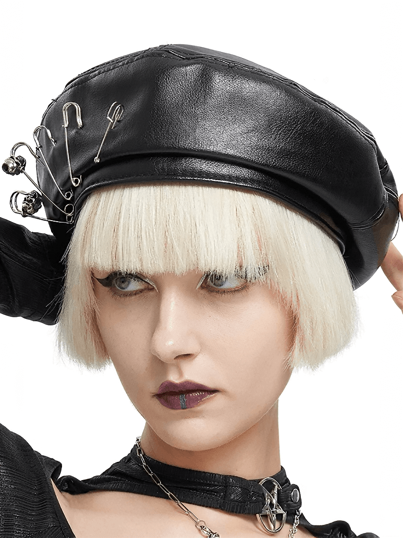 Stylish women's faux leather beret with pin decorations, perfect punk accessory for a bold look.