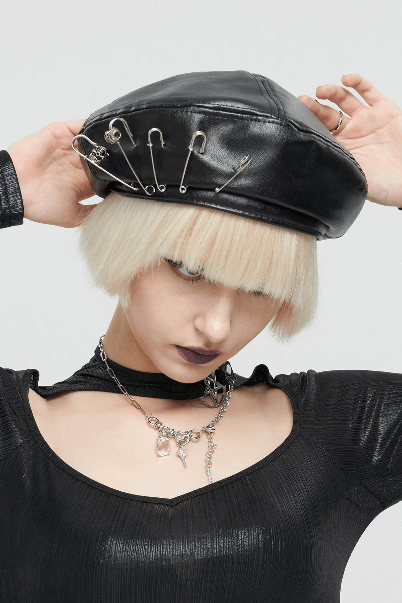 Stylish Faux Leather Beret Hat with Pins Decoration / Gothic Punk Round Hat for Women