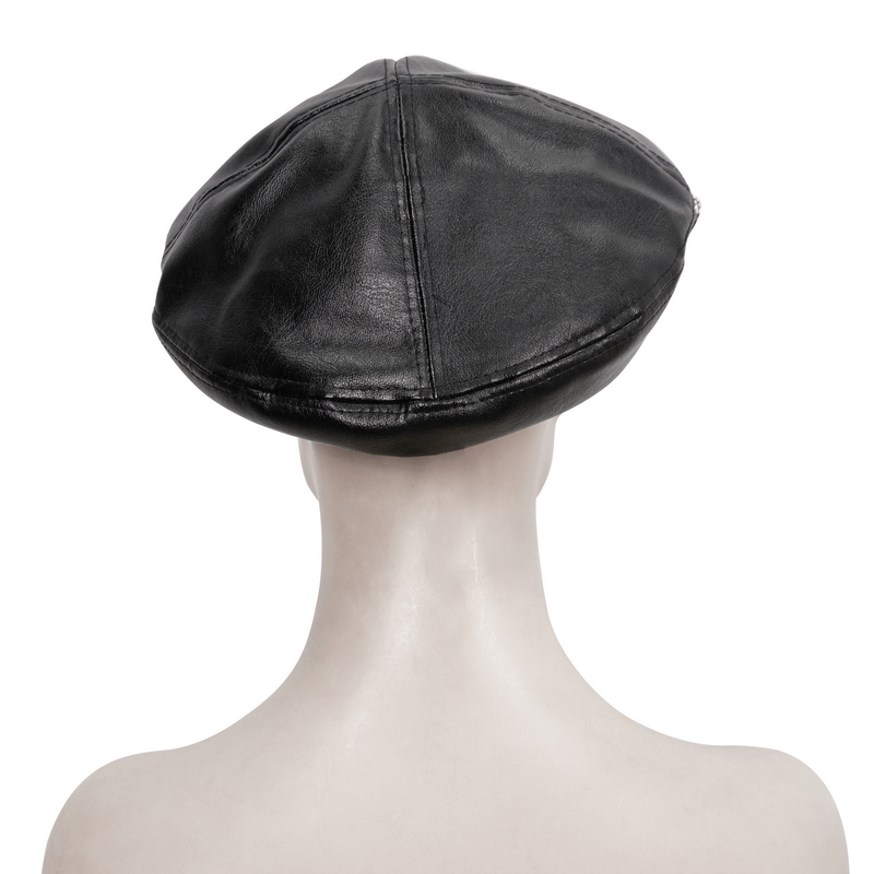 Back view of stylish black faux leather beret hat with pins for women, perfect for a punk fashion statement.