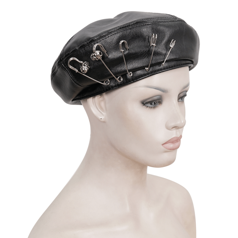 Stylish faux leather beret hat with pin decorations, perfect punk accessory for women.