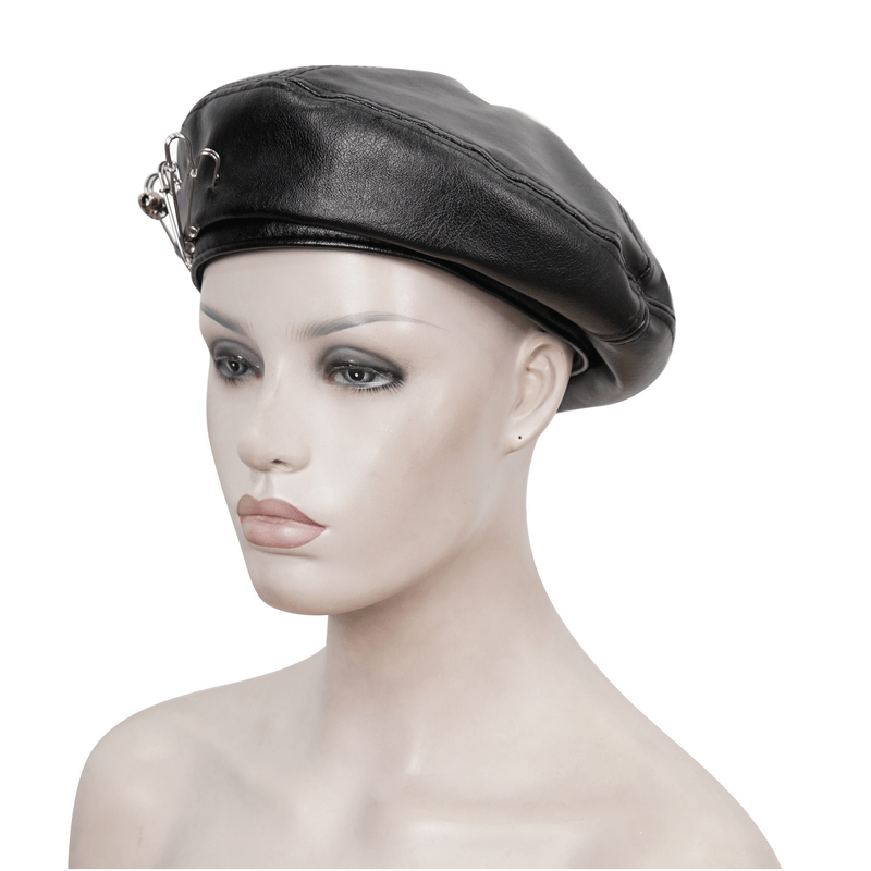 Stylish faux leather beret for women featuring pins decoration, perfect for punk fashion lovers.