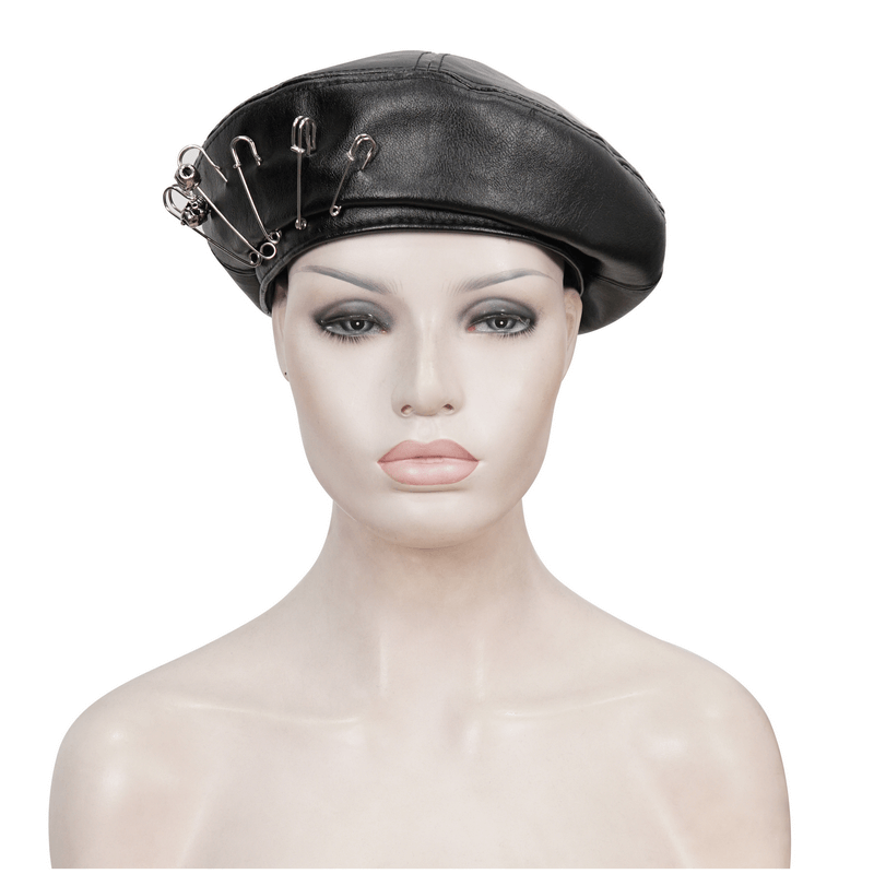 Stylish faux leather beret hat with pins, adding punk flair to women's fashion.
